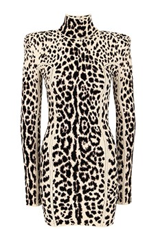 Жаккардовое мини-платье с леопардовым принтом ROBERTO CAVALLI