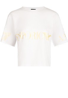 Белая футболка с золотистым логотипом EA7