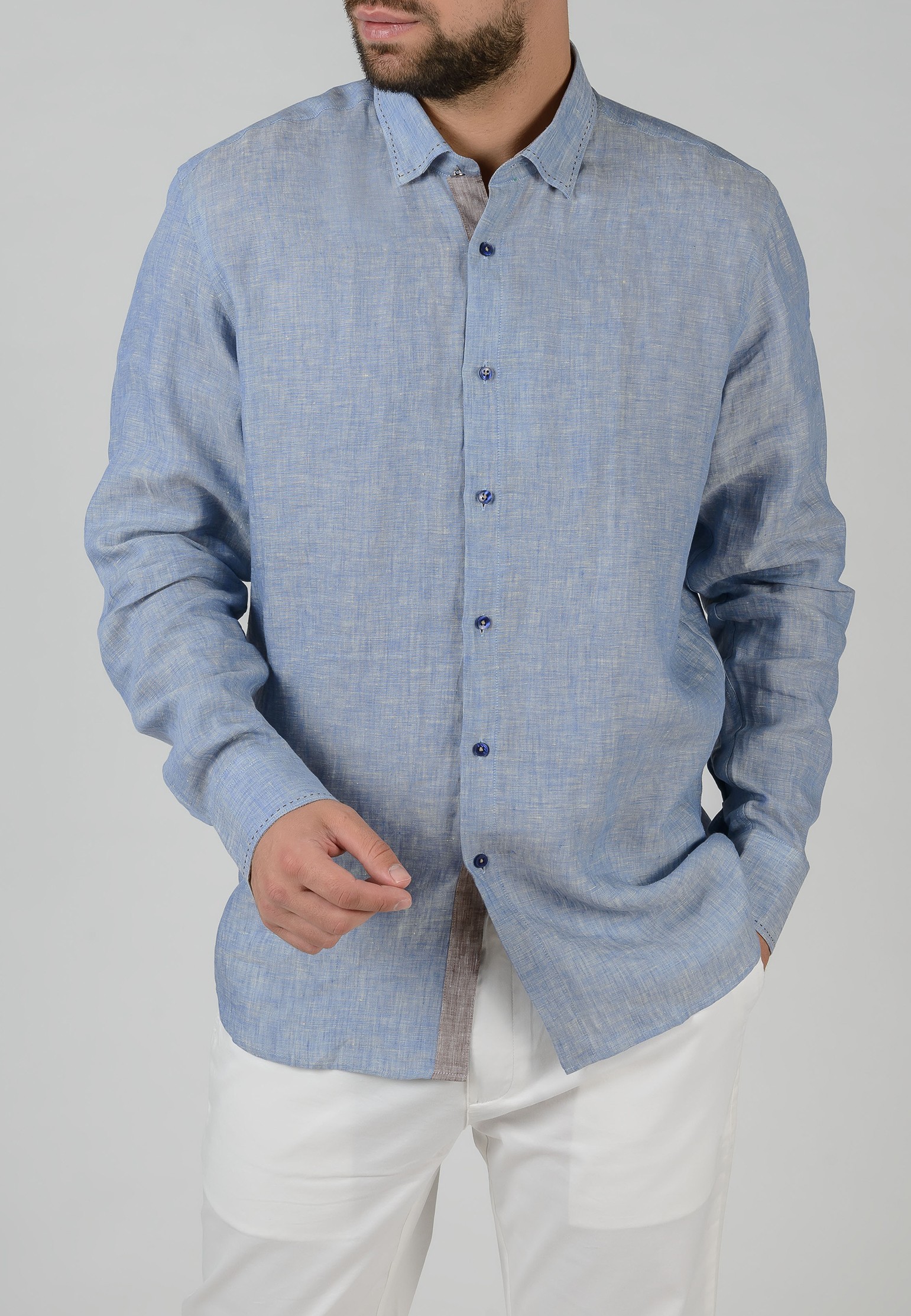 Льняная рубашка STEFANO BELLINI синего цвета