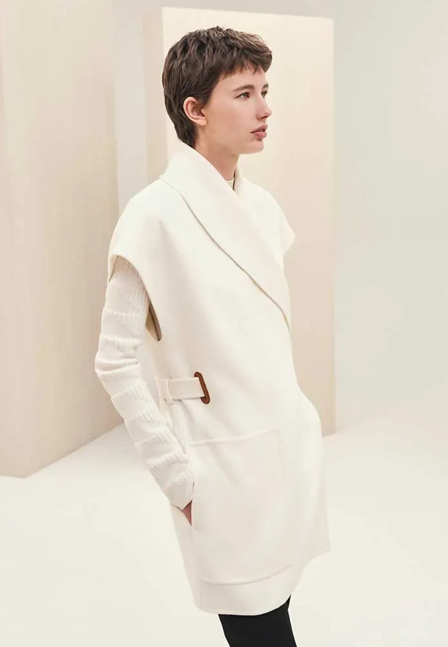 

Длинный жилет с запахом из двустороннего кашемира HERMES, Белый, Белый