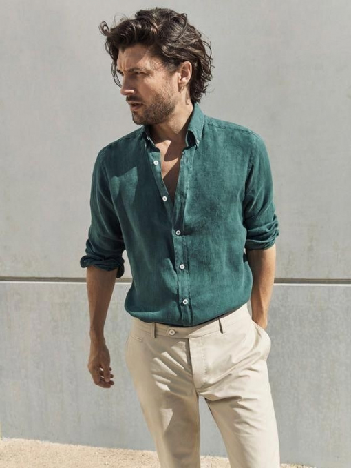 Мужской образ с зеленой льняной рубашкой