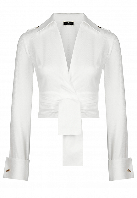 Короткая хлопковая блузка с мотивом в ёлочку и поясом ELISABETTA FRANCHI