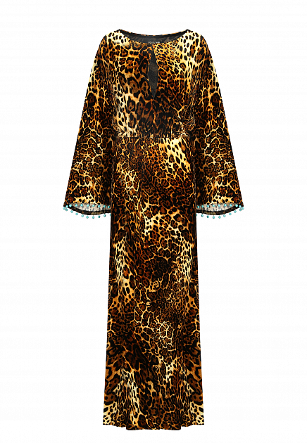 Леопардовое макси-платье с декором из бусин ROBERTO CAVALLI