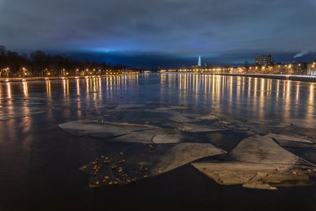 Evening view of the frozen river.