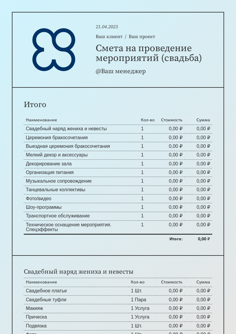 Смета на проведение, организацию мероприятий (свадьба)