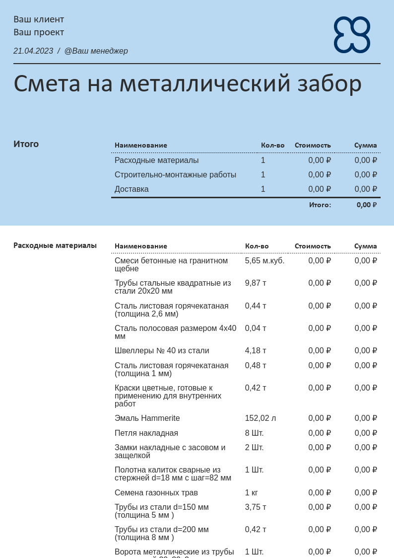 Смета на забор металлический, материалы, монтаж, доставка