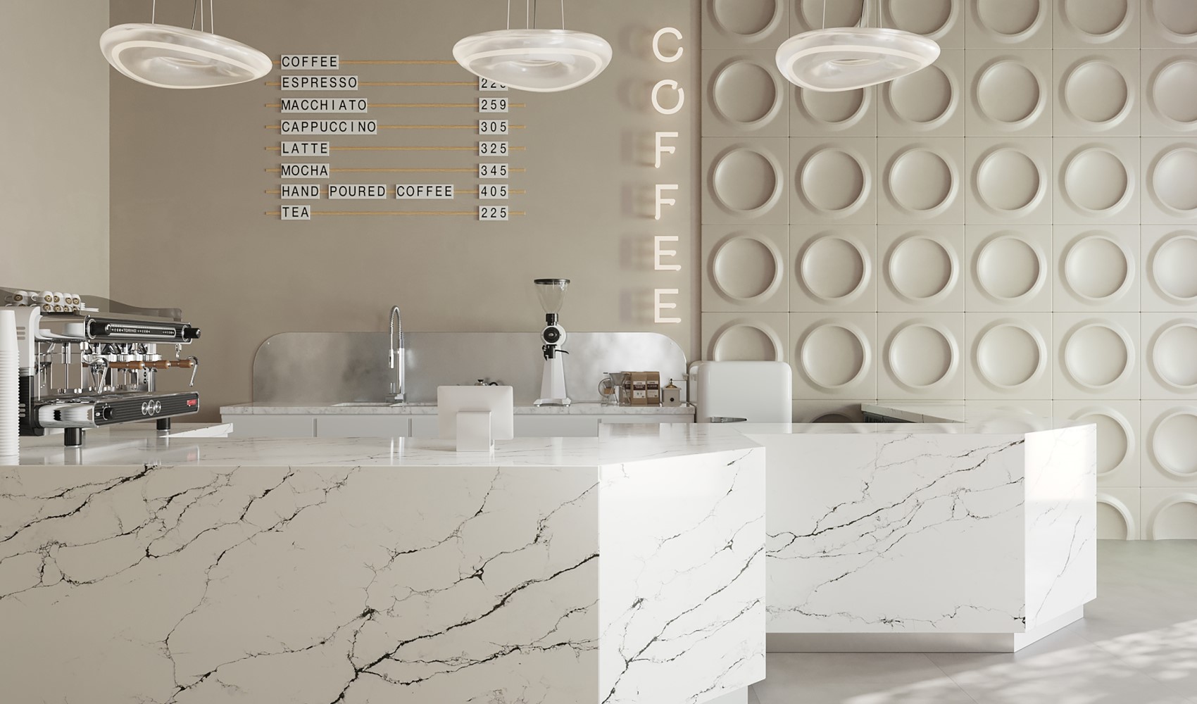 Интерьер с кварцевым камнем Calacatta Star