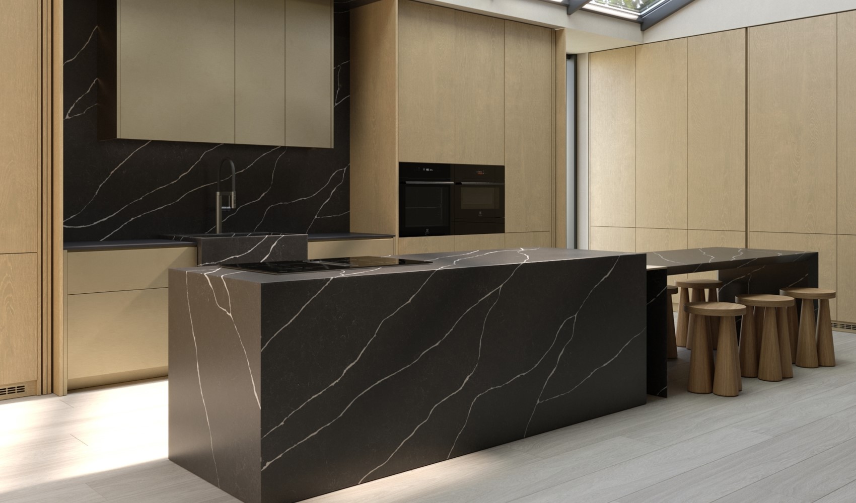 Кварцевый агломерат Grey Marquina в кухонном интерьере