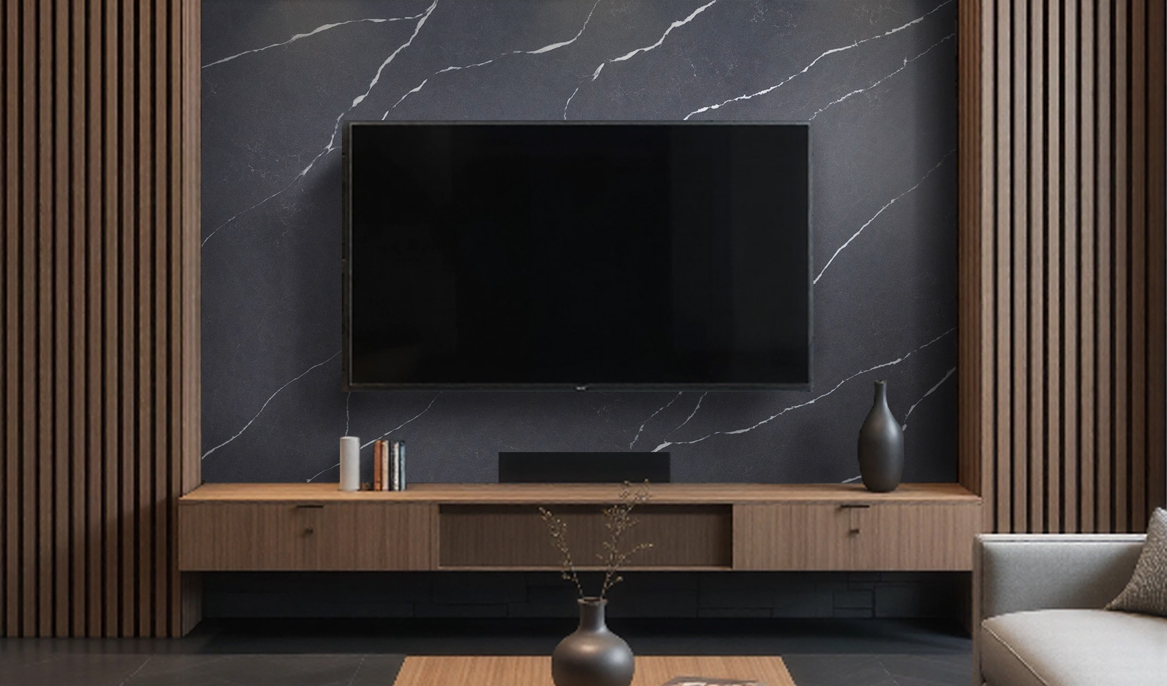 Кварцевый агломерат Grey Marquina в интерьере гостиной