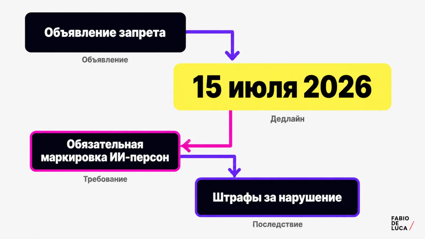 type=diagram | about=последовательность событий регулирования антропоморфного ИИ в Китае: объявление, срок введения, требования маркировки | steps=Объявление запрета -> Срок: 15 июля 2026 -> Обязатель