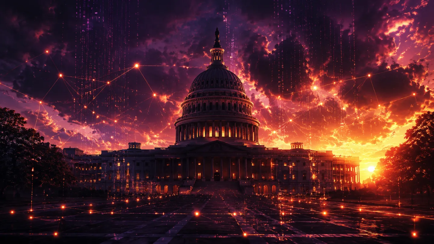 US government building with digital AI network overlay, dramatic evening light