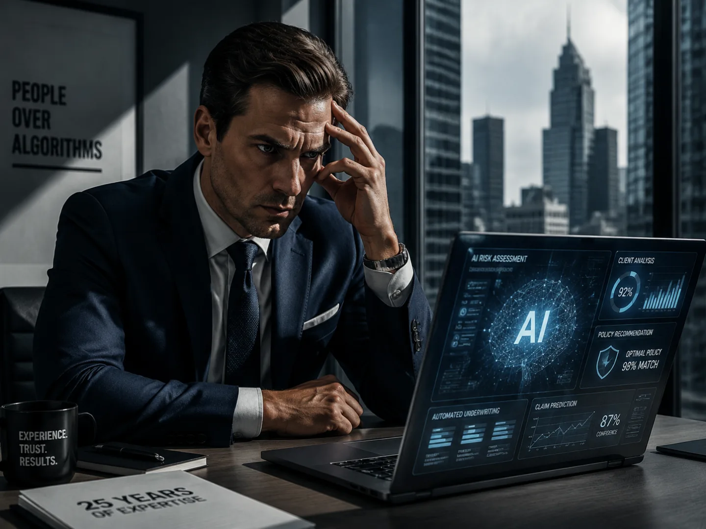 frustrated insurance agent sitting at desk with laptop showing AI interface, modern office setting, muted tones