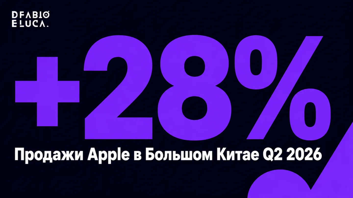 type=stat_card | stat=+28% | caption=Продажи Apple в Большом Китае Q2 2026 | visual=dark background #020715, stat in huge bold #8D36F9, caption in white Montserrat, minimal layout, strong contrast