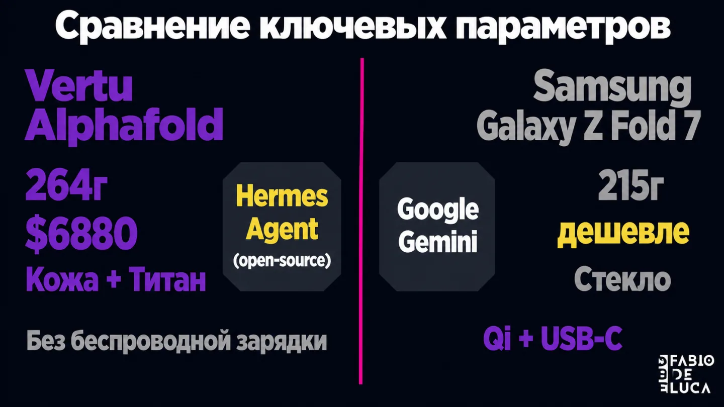 type=diagram | about=сравнение ключевых параметров Vertu Alphafold и Samsung Galaxy Z Fold 7 | steps=Vertu Alphafold $6880 / 264г / кожа+титан -> Hermes Agent (open-source) -> Без беспроводной зарядки