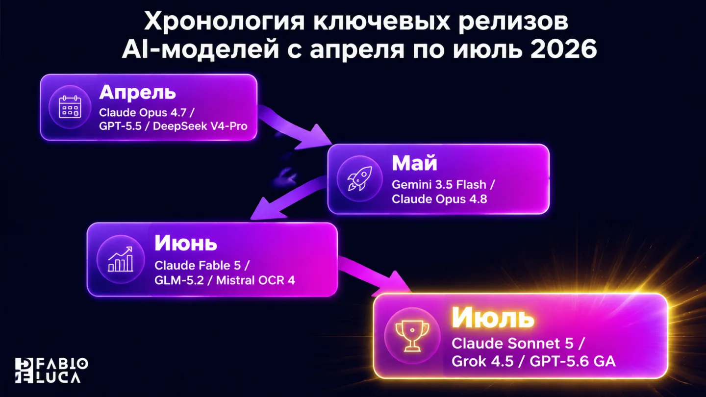 type=diagram | about=Хронология ключевых релизов AI-моделей с апреля по июль 2026 | steps=Апрель: Claude Opus 4.7 / GPT-5.5 / DeepSeek V4-Pro -> Май: Gemini 3.5 Flash / Claude Opus 4.8 -> Июнь: Claude
