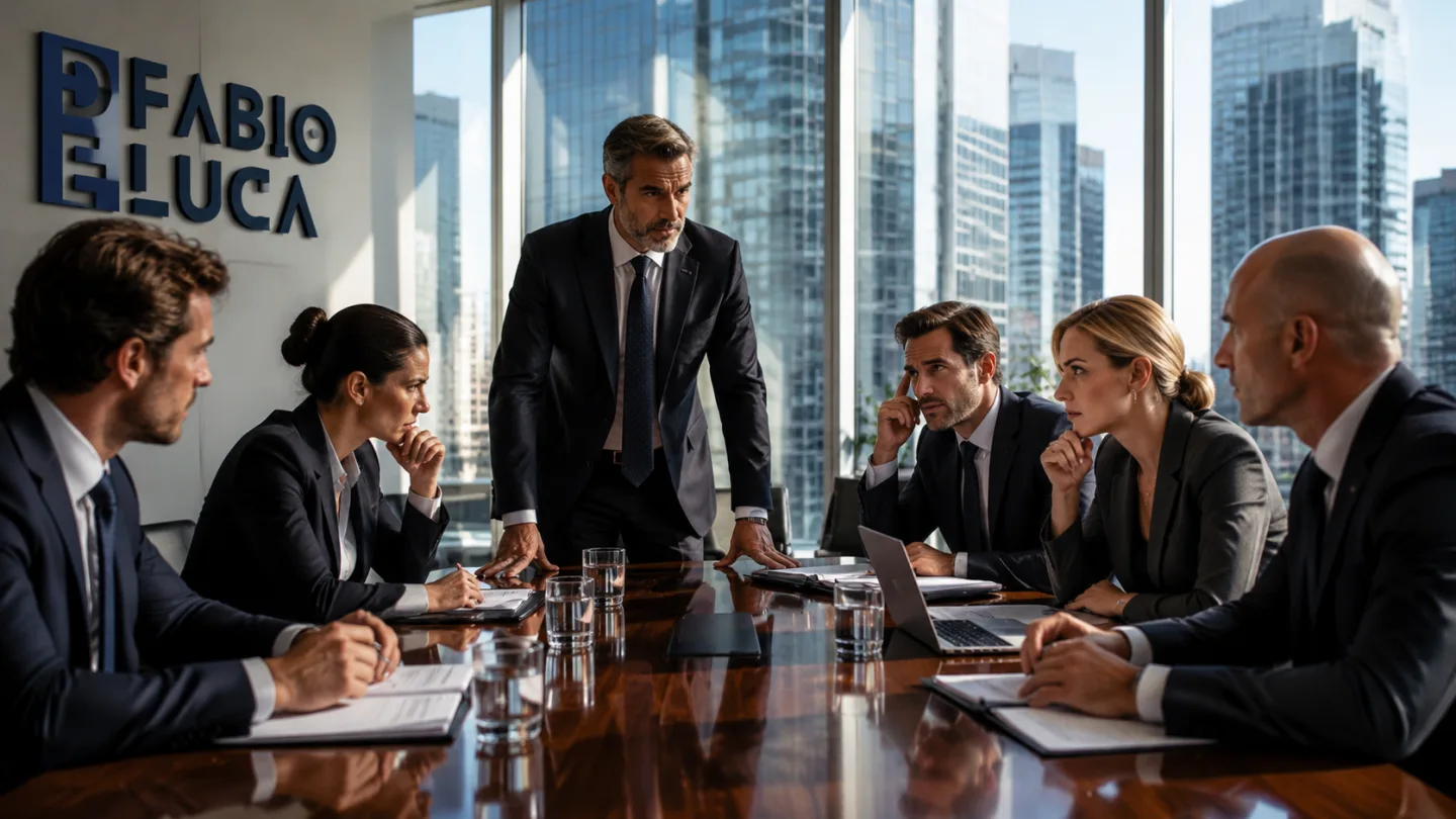 group of insurance agents discussing at a meeting room table, concerned expressions, daylight through windows