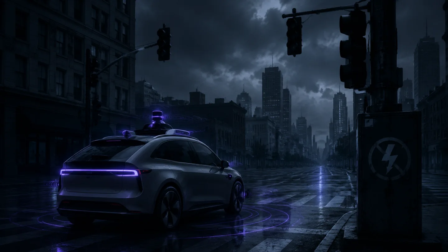 type=concept | about=автономная машина, остановленная городской инфраструктурой, пока конкуренты двигаются вперёд | visual=sleek autonomous vehicle halted at a dark intersection with power-out signals