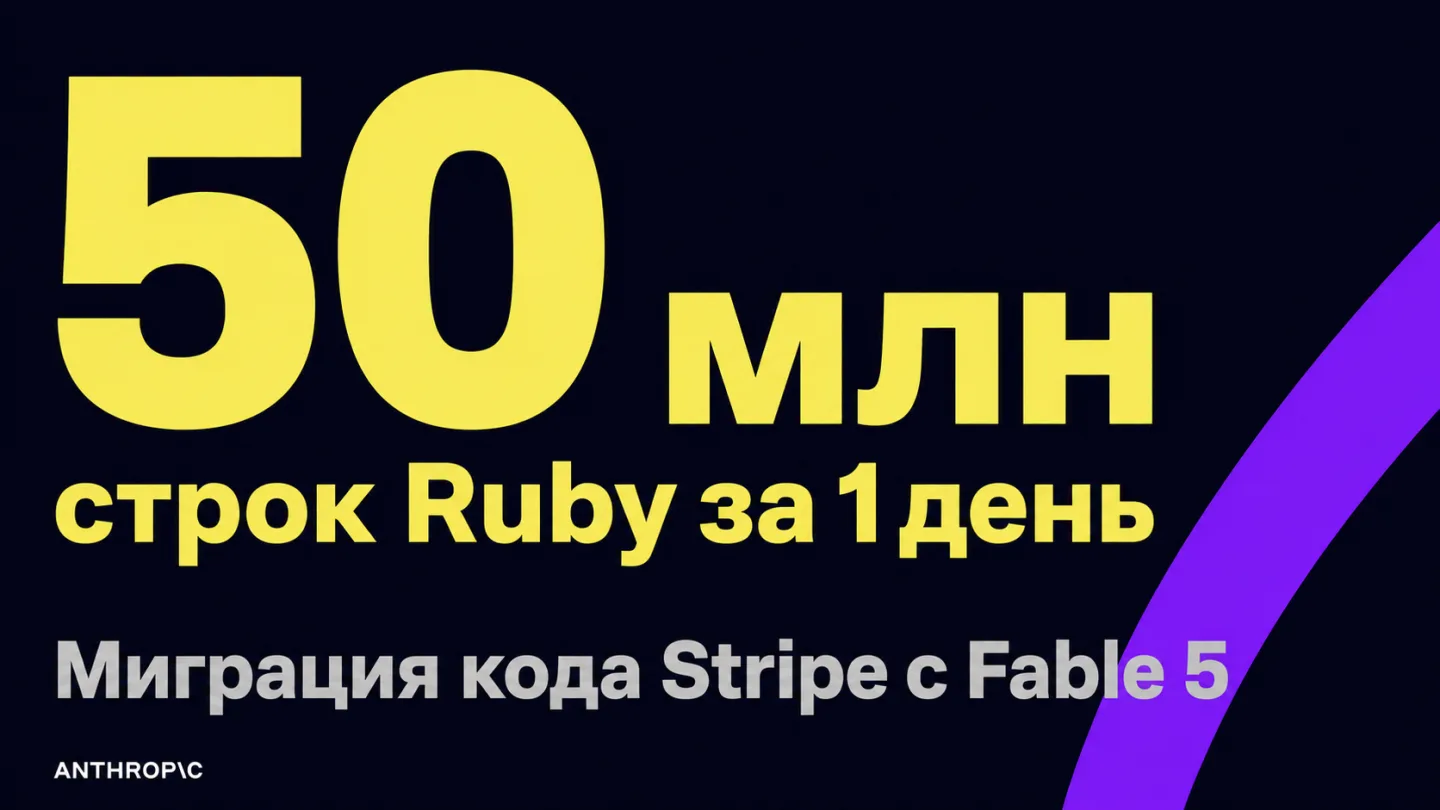 type=stat_card | stat=50 млн строк Ruby за 1 день | caption=Миграция кода Stripe с Fable 5 | visual=dark background #020715, stat in #F9F367, caption in #B6B6B6, Montserrat Bold, clean minimal layout