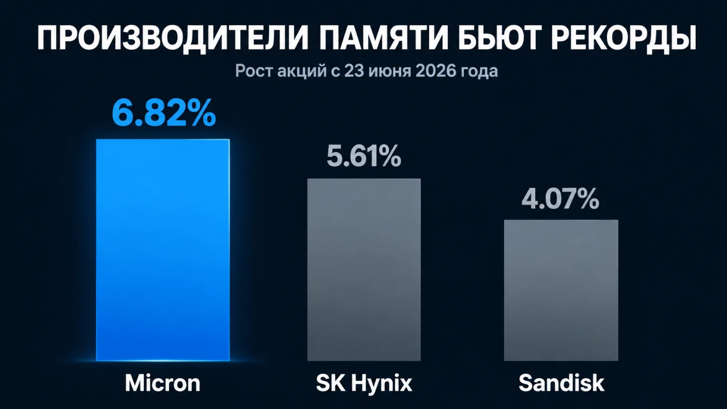 type=chart | about=рост акций производителей памяти 23 июня 2026 | headline=Производители памяти бьют рекорды | chart_type=bar | data=Micron:6.82; SK Hynix:5.61; Sandisk:4.07 | units=% | visual=лакони