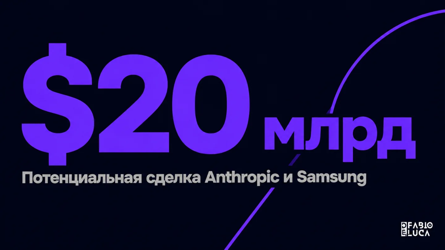 type=stat_card | stat=$20 млрд | caption=Потенциальная сделка Anthropic и Samsung | visual=dark background #020715, stat in bright violet #8D36F9, caption in grey #B6B6B6, Montserrat bold, minimal lay