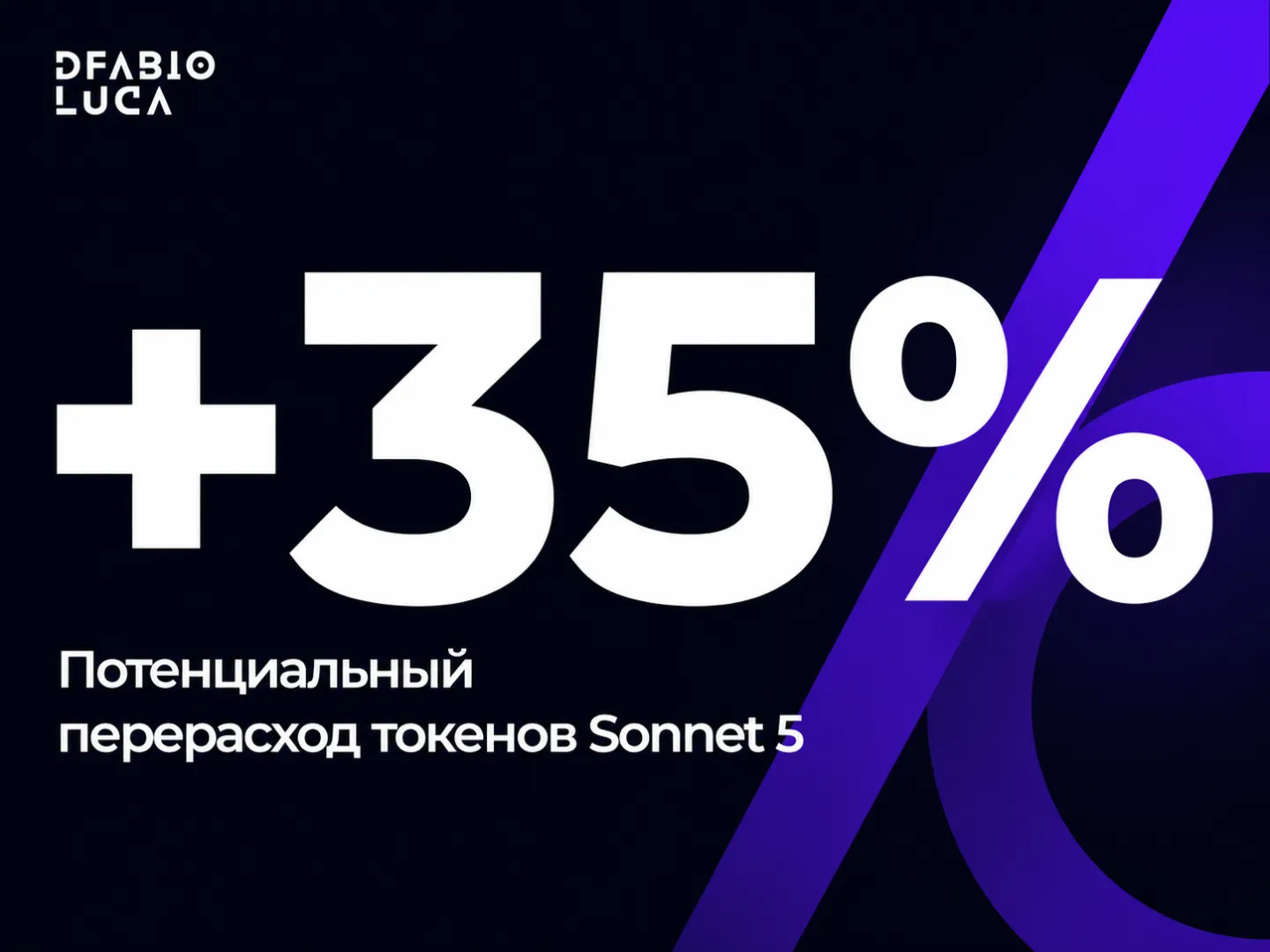 type=stat_card | about=Токенизатор Sonnet 5 увеличивает расход токенов | stat=+35% | caption=Потенциальный перерасход токенов Sonnet 5 | visual=dark background #020715, violet accent #8D36F9, Montserr