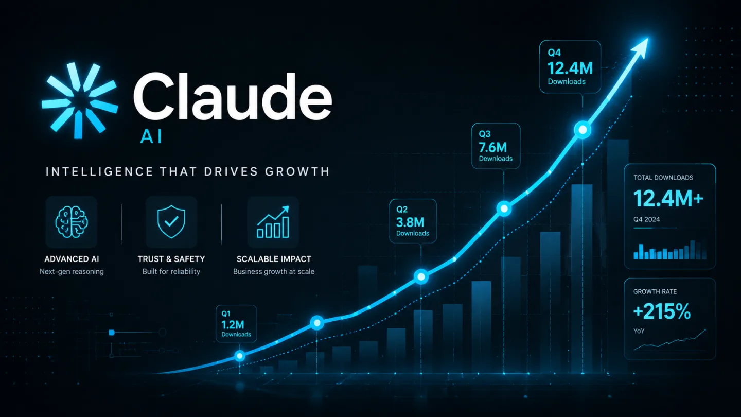 Claude AI logo glowing on dark background with rising download graph, clean tech aesthetic