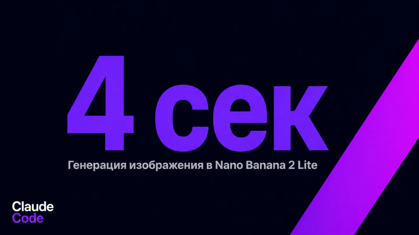 type=stat_card | stat=4 сек | caption=Генерация изображения в Nano Banana 2 Lite | visual=dark card #020715, large glowing stat in #8D36F9, small caption in #B6B6B6, Montserrat Bold, violet-magenta br
