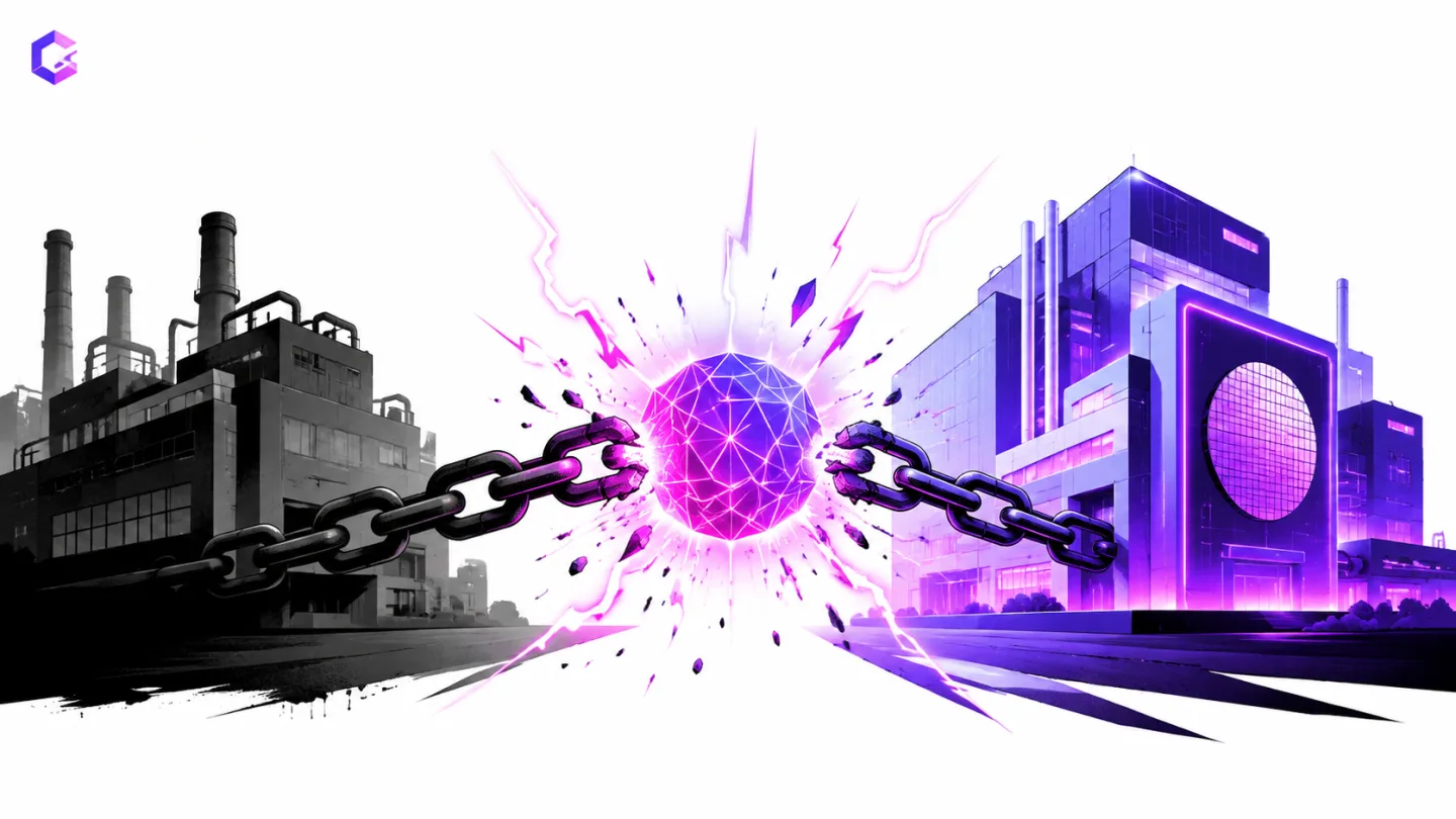 type=concept | about=AI-компания, разрывающая зависимость от единственного поставщика чипов через собственное кастомное производство | visual=A single glowing AI core breaking free from a chain that c