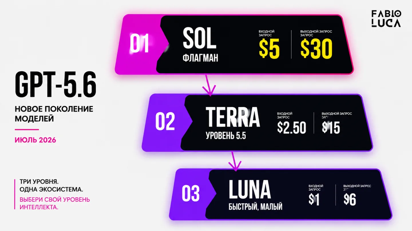 type=diagram | about=GPT-5.6 three-tier model family with pricing and positioning July 2026 | steps=Sol (флагман, $5/$30) -> Terra (уровень 5.5, $2.50/$15) -> Luna (быстрый, малый) | labels=Sol - флаг