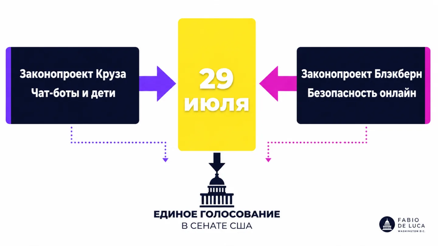 type=diagram | about=Структура пакета законопроектов: два блока в рамках одного markup 29 июля | steps=Законопроект Круза (чат-боты и дети) -> Markup комитета 29 июля -> Законопроект Блэкберн (безопас