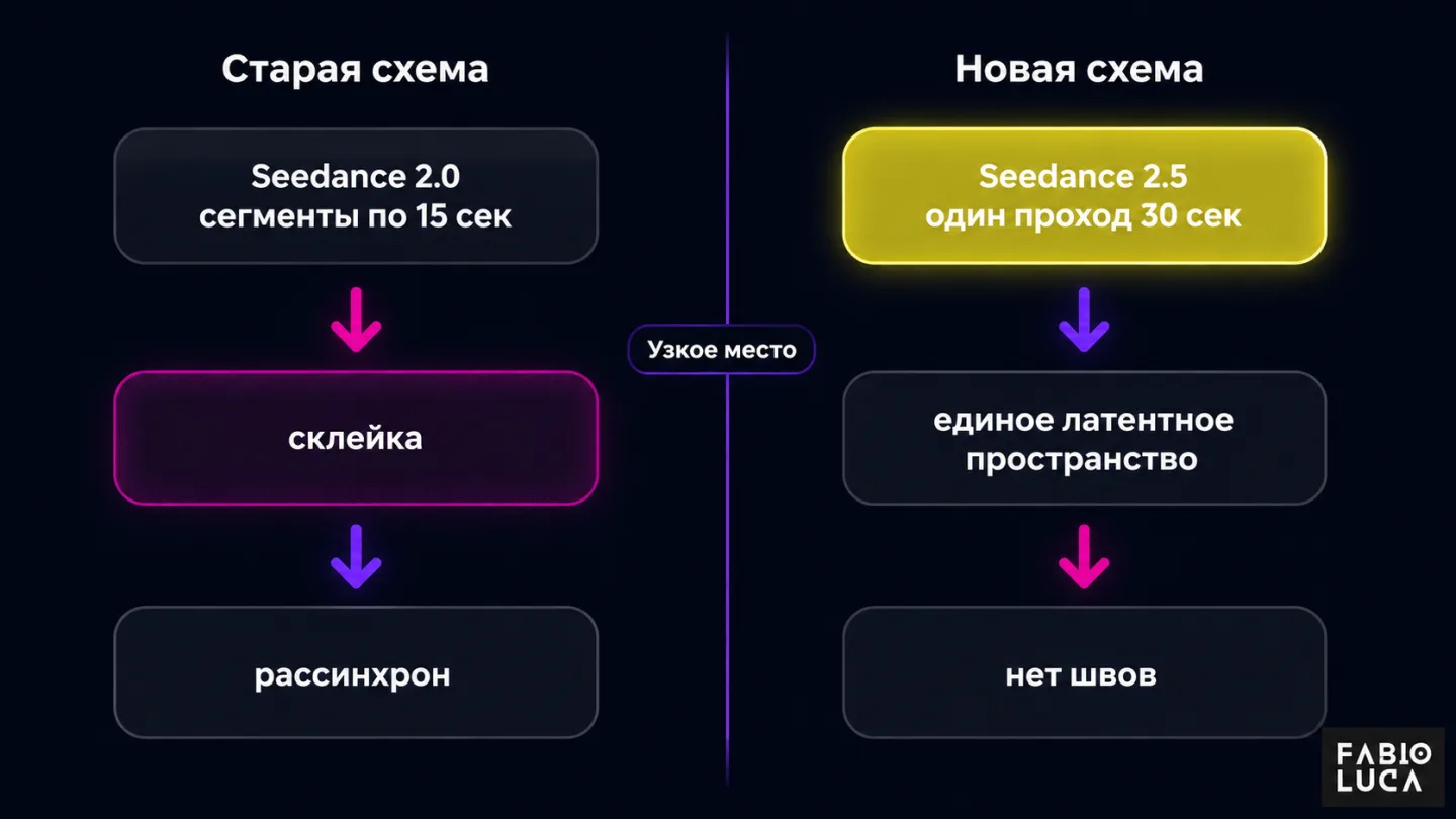 type=diagram | about=три уровня архитектурных отличий Seedance 2.5 от 2.0: одиночный проход вместо склейки, 50 референсов вместо 15, совместная аудио-видео генерация | steps=Seedance 2.0: сегменты по