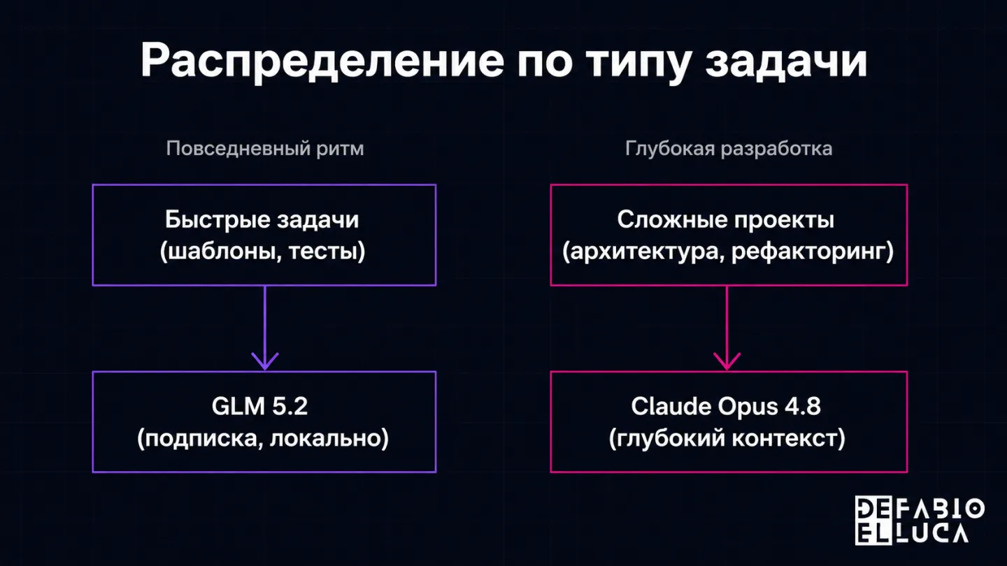 type=diagram | about=стратегия распределения задач между двумя моделями при vibe coding | steps=Быстрые задачи (шаблоны, тесты) -> GLM 5.2 (подписка, локально) | Сложные проекты (архитектура, рефактор