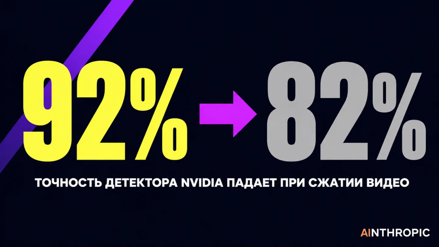 type=stat_card | about=насколько ненадёжна детекция синтетического видео при сжатии | stat=92% → 82% | caption=точность детектора NVIDIA падает при сжатии видео | visual=тёмный фон #020715, крупная ци