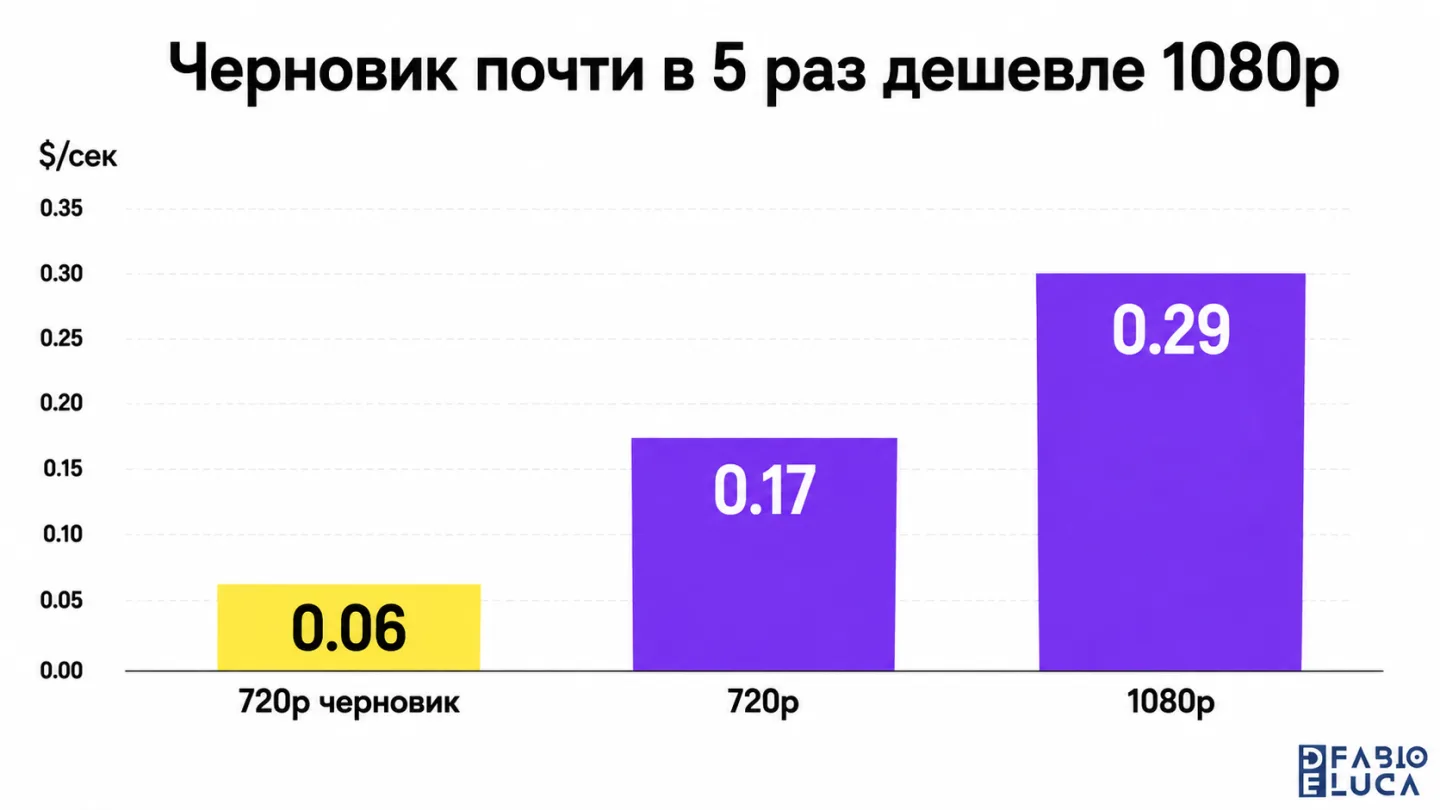 type=chart | about=стоимость генерации видео FLUX 3 Video по тарифам API | headline=Черновик почти в 5 раз дешевле 1080p | chart_type=bar | data=720p черновик:0.06; 720p:0.17; 1080p:0.29 | units=$/сек