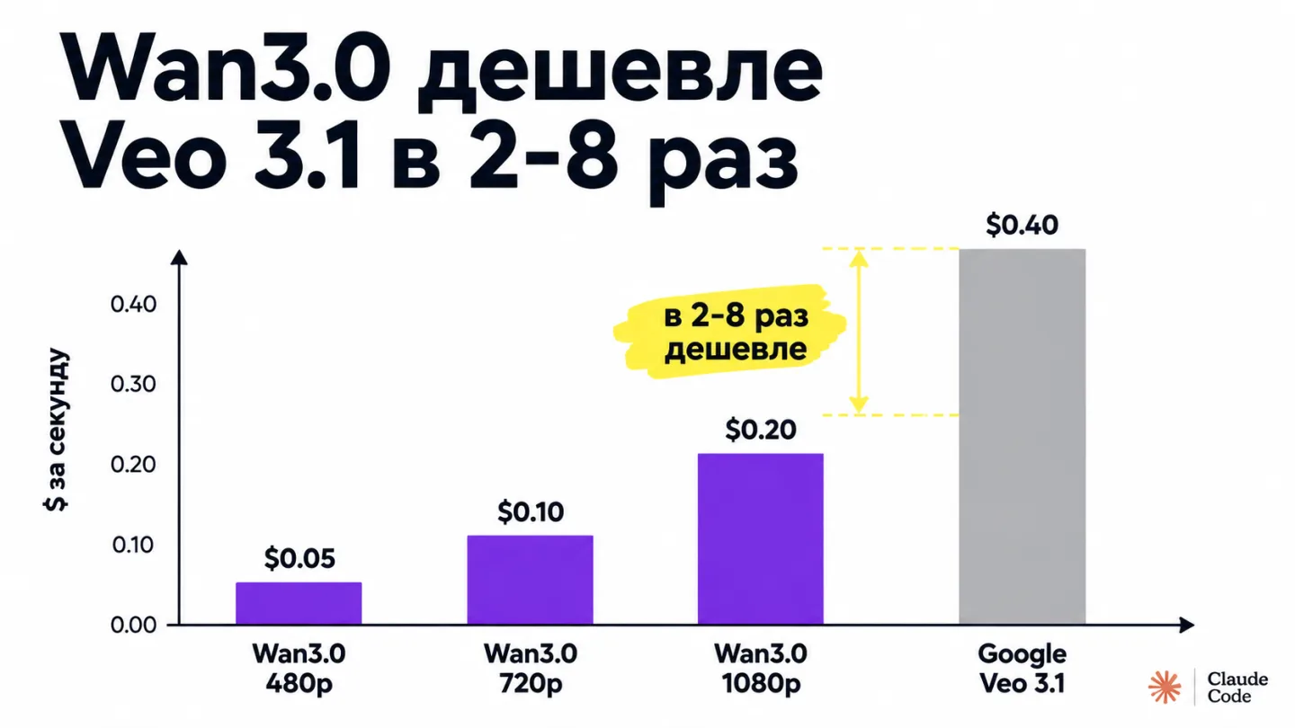 type=chart | about=сравнение цен Wan3.0 и Google Veo 3.1 по разрешению | headline=Wan3.0 дешевле Veo 3.1 в 2-8 раз | chart_type=bar | data=Wan3.0 480p:0.05; Wan3.0 720p:0.10; Wan3.0 1080p:0.20; Google