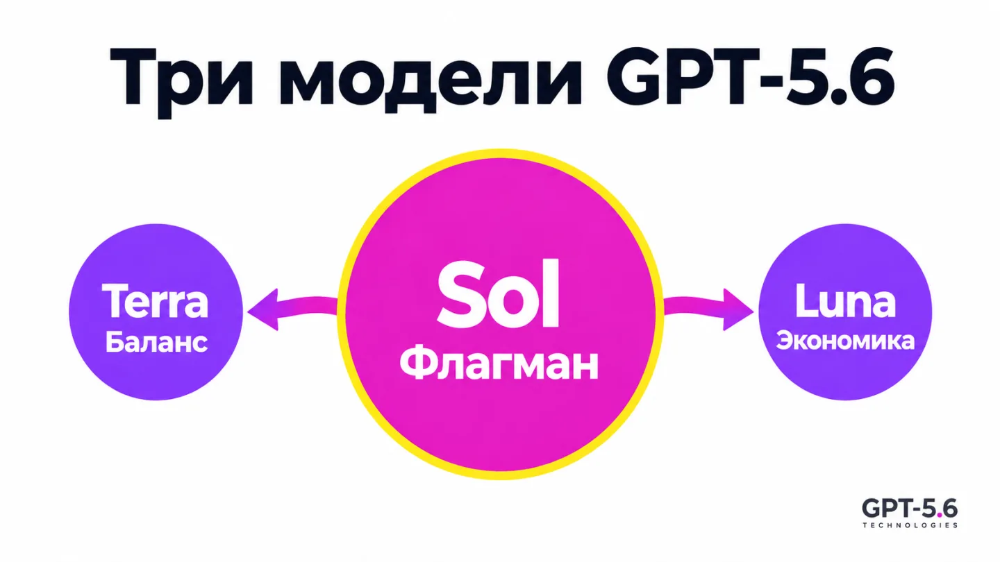 type=diagram | about=три модели линейки GPT-5.6 и их назначение в бизнесе | steps=Sol -> Terra -> Luna | labels=Флагман; Баланс; Экономика | visual=SPOTLIGHT layout, Sol крупный доминирующий элемент п