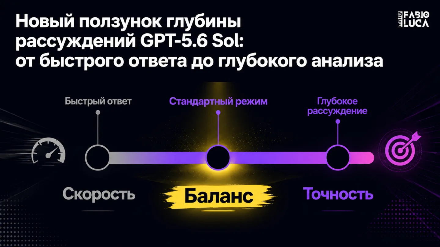 type=diagram | about=Новый ползунок глубины рассуждений GPT-5.6 Sol: от быстрого ответа до глубокого анализа | steps=Быстрый ответ -> Стандартный режим -> Глубокое рассуждение | labels=Скорость; Балан