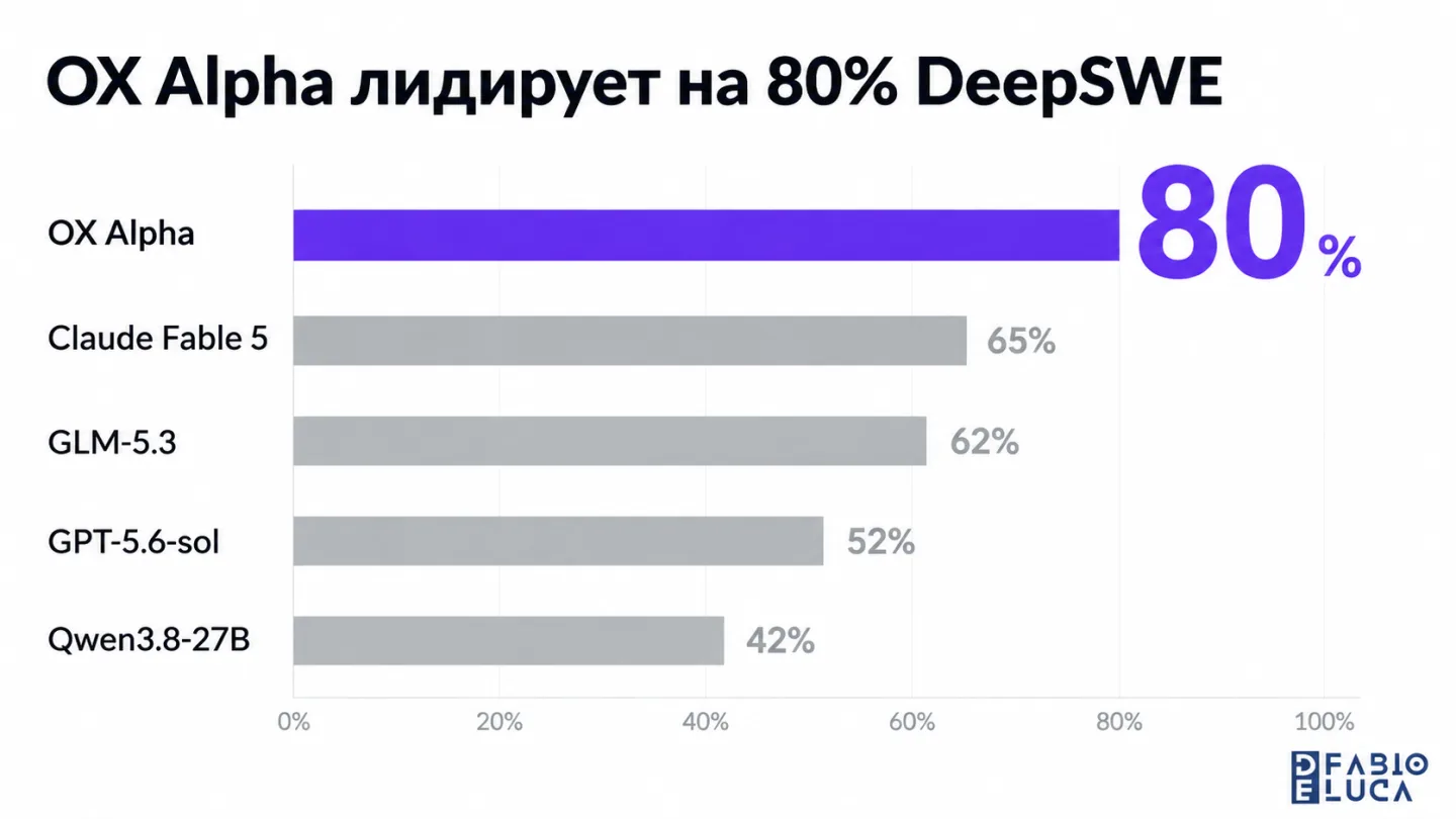type=chart | about=сравнение результатов на DeepSWE Pass@1 среди ключевых моделей августа 2026 | headline=OX Alpha лидирует на 80% DeepSWE | chart_type=bar | data=OX Alpha:80; Claude Fable 5:65; GLM-5