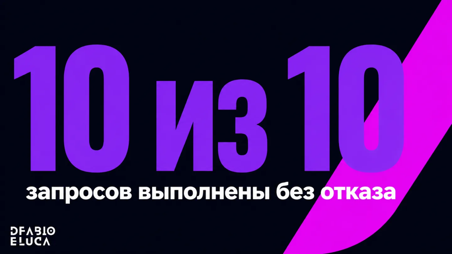 type=stat_card | stat=10 из 10 | caption=запросов выполнены без отказа | visual=dark background #020715, large violet number, magenta accent, Montserrat bold, tense mood