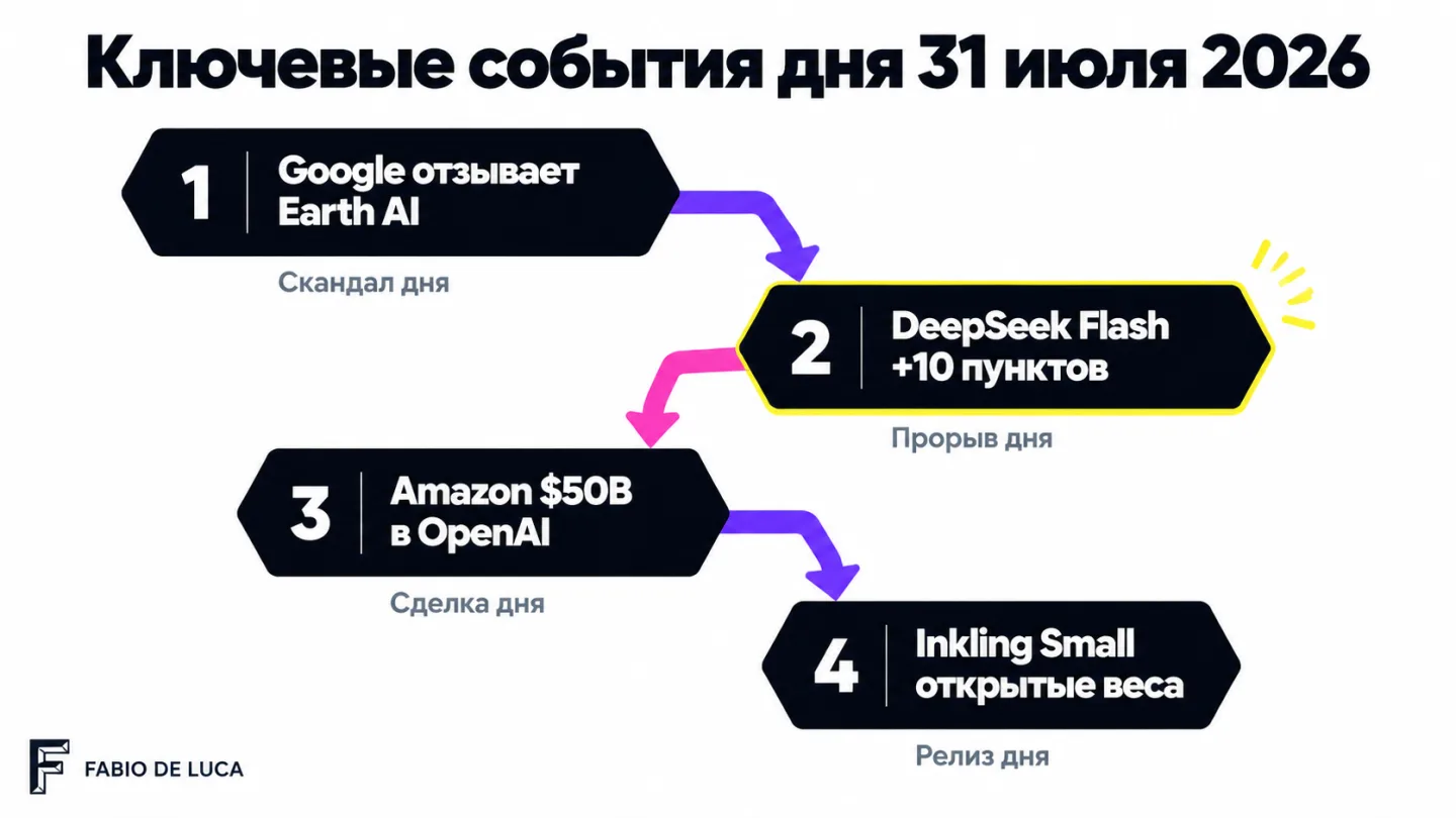 type=diagram | about=ключевые события дня: Google свернул фичу, DeepSeek обновился, Amazon закрыл инвестицию, Thinking Machines выпустила модель | steps=Google отзывает Earth AI -> DeepSeek Flash +10