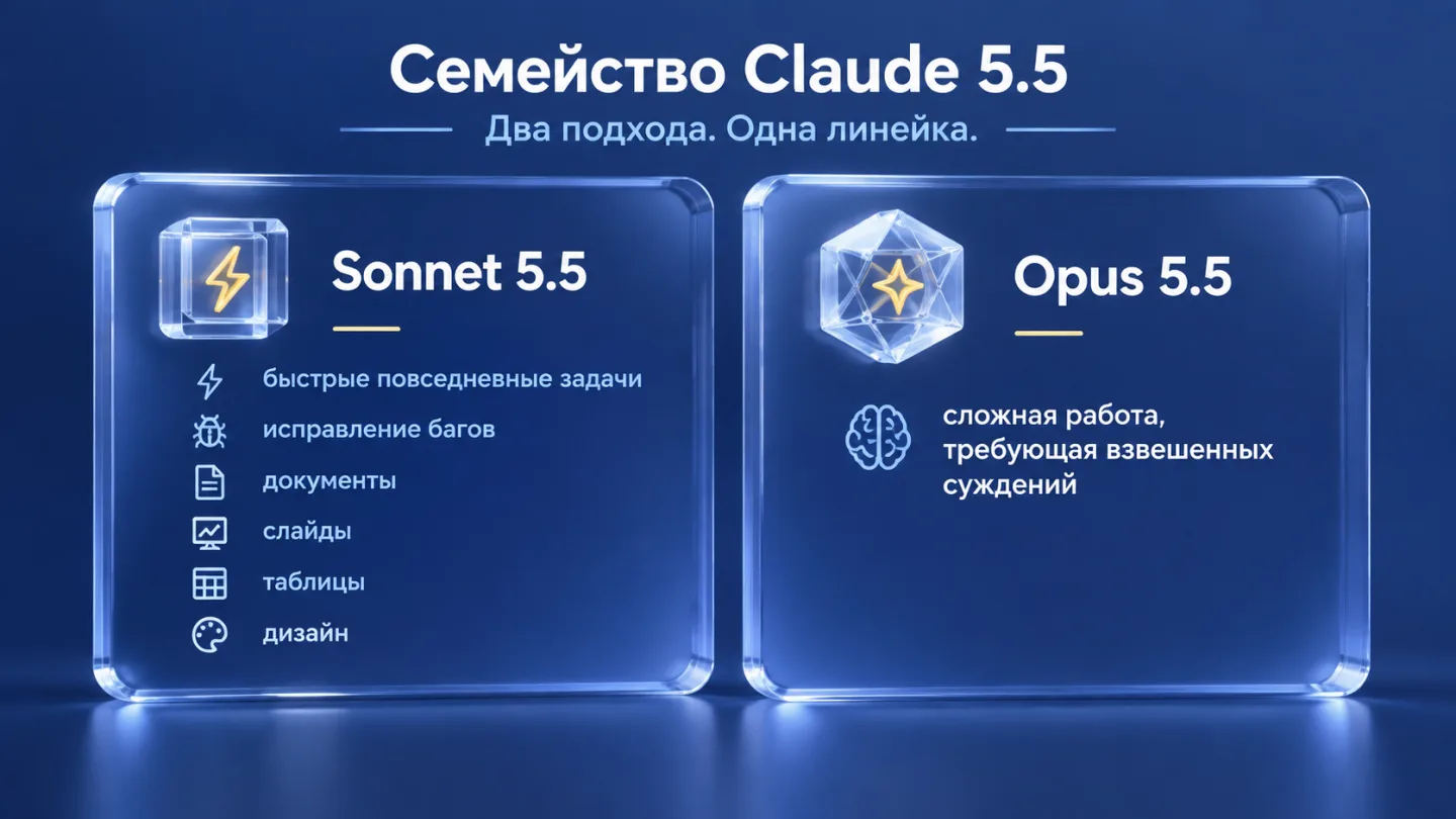 type=diagram | layout=comparison | labels=Sonnet 5.5; Opus 5.5 | structure=Sonnet 5.5: быстрые повседневные задачи, исправление багов, документы, слайды, таблицы, дизайн. Opus 5.5: сложная работа, тре