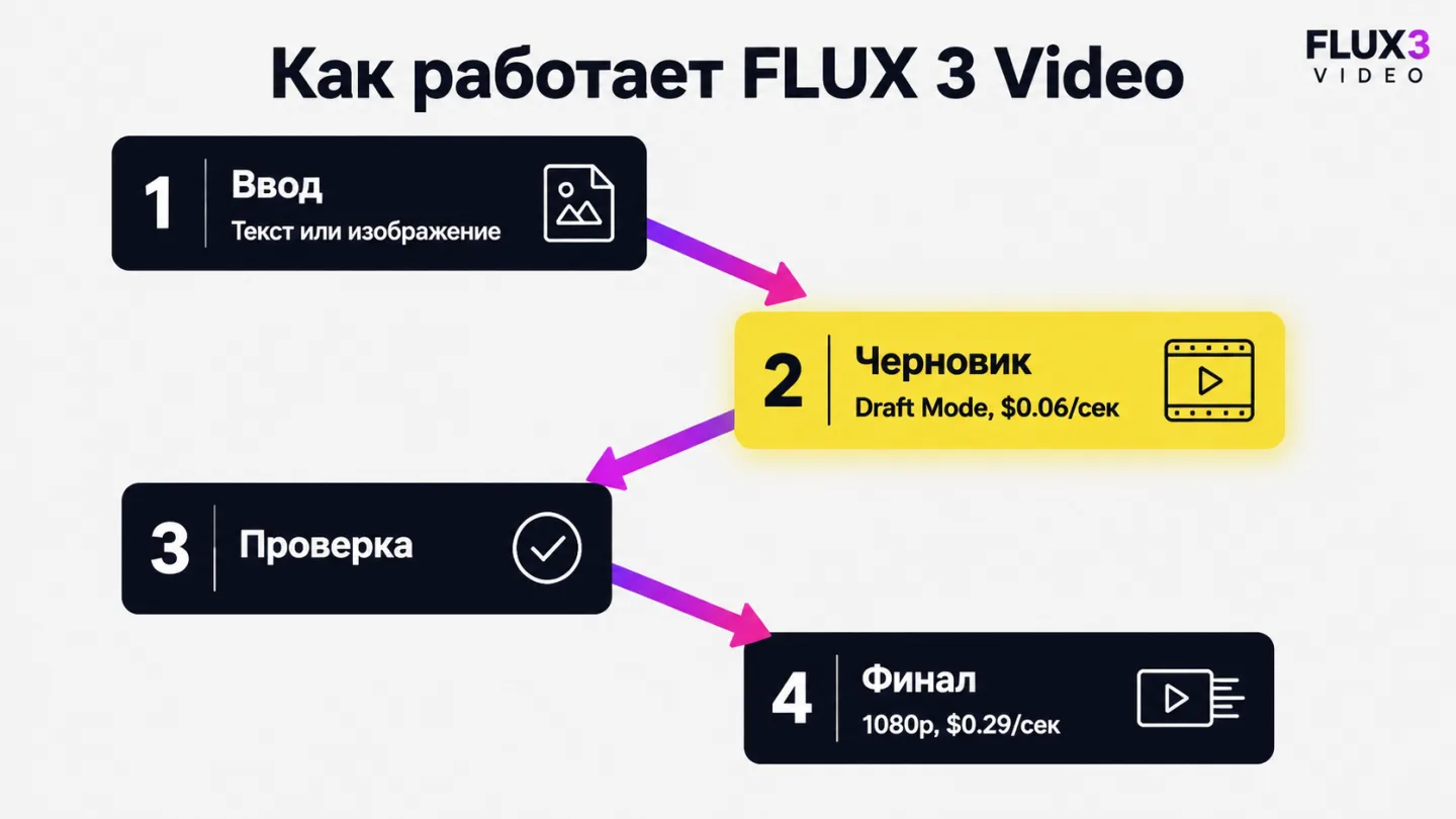 type=diagram | about=схема работы FLUX 3 Video: от промпта или изображения через черновик к финальному ролику | steps=Текст или изображение -> Черновик (Draft Mode, $0.06/сек) -> Оценка -> Финальный р