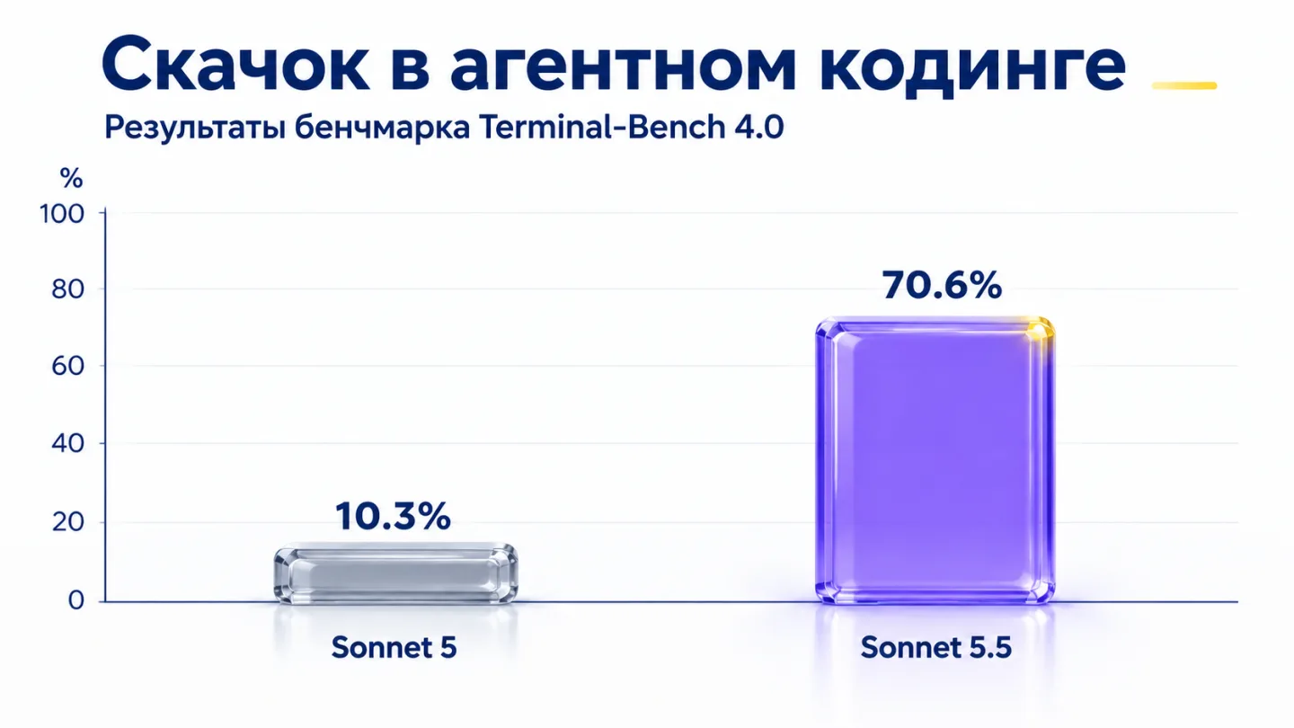 type=chart | about=разрыв в результатах на бенчмарке агентного кодинга Terminal-Bench 4.0 между Sonnet 5.5 и предыдущей версией | headline=Скачок в агентном кодинге | chart_type=bar | data=Sonnet 5.5: