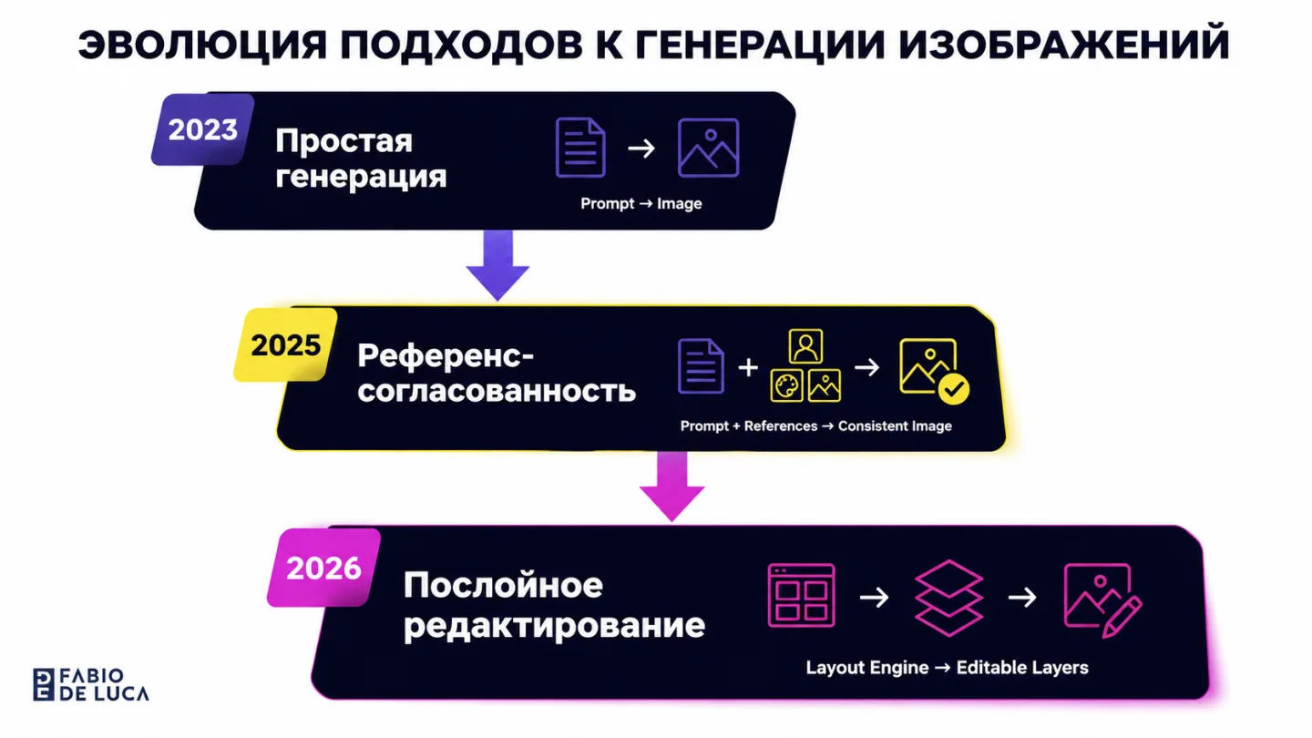 type=diagram | about=эволюция подходов к генерации изображений: от text-to-image к послойному редактированию | steps=Prompt → Image (2023) -> Prompt + References → Consistent Image (2025) -> Layout En