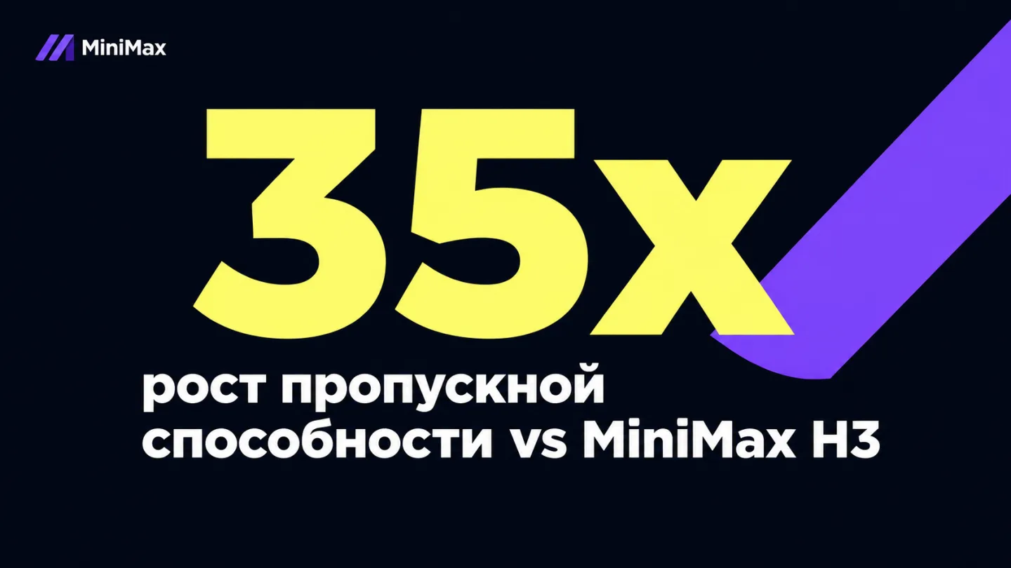 type=stat_card | stat=35x | caption=рост пропускной способности vs MiniMax H3 | visual=dark background #020715, violet accent #8D36F9, large bold number, Montserrat 700
