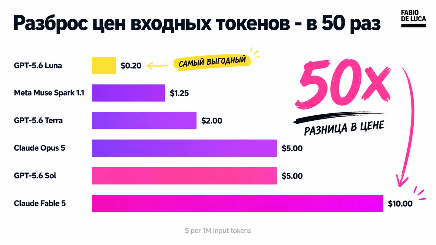 type=chart | about=сравнение цен на входные токены у ключевых моделей августа 2026: GPT-5.6 Luna против Claude Fable 5, разрыв почти в 50 раз | headline=Разброс цен входных токенов - в 50 раз | chart_