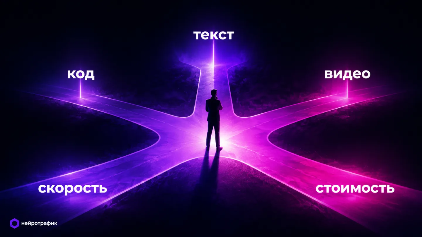 type=concept | about=бизнес выбирает между несколькими равносильными AI-моделями, каждая специализирована под свою задачу | visual=a decision-maker figure at a crossroads with five distinct glowing pa