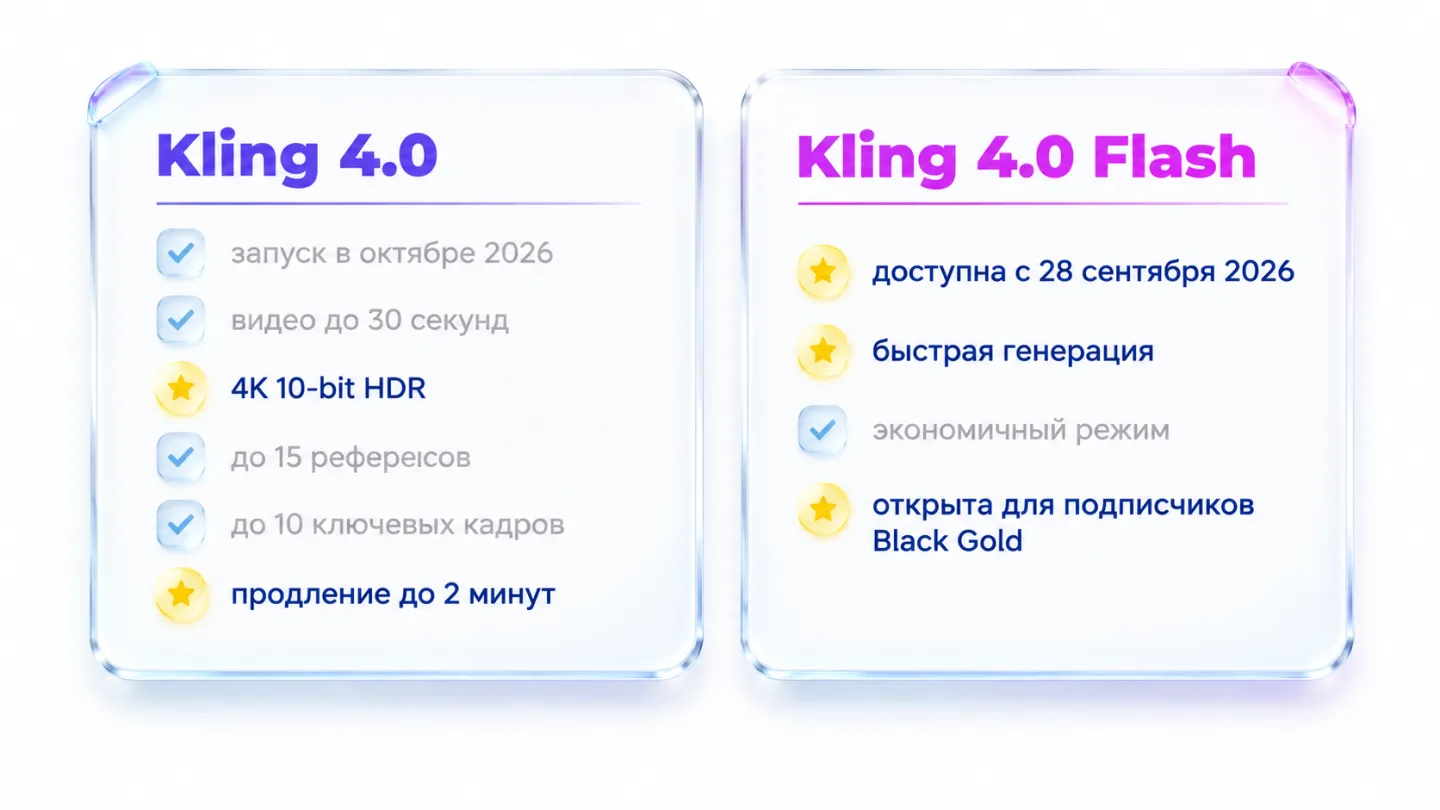type=diagram | about=разница между полной версией Kling 4.0 и облегчённой Kling 4.0 Flash | layout=comparison | labels=Kling 4.0; Kling 4.0 Flash | structure=Kling 4.0: запуск в октябре 2026, видео до
