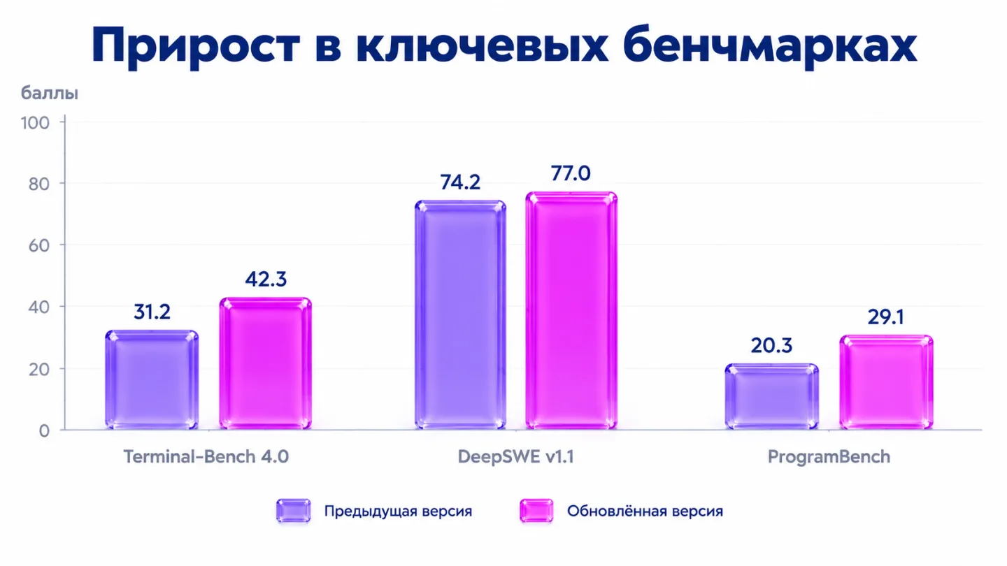 type=chart | about=рост показателей DeepSeek V4.1-Flash-1017 по сравнению с предыдущей версией V4.1 | headline=Прирост в ключевых бенчмарках | chart_type=bar | data=Terminal-Bench 4.0 (было):31.2; Ter