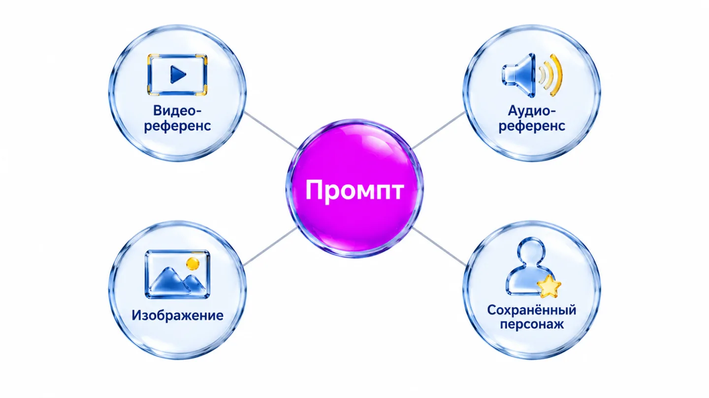type=diagram | about=система тегов в промпте AI Ремикс для указания референсов | layout=hub | labels=Промпт; Видео-референс; Аудио-референс; Изображение; Сохранённый персонаж | structure=центральный у